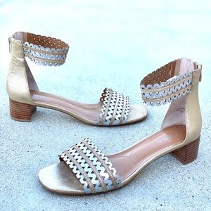 j.RENEE metallic sandals gold silver leather heeled sandal ankle strap women’s
